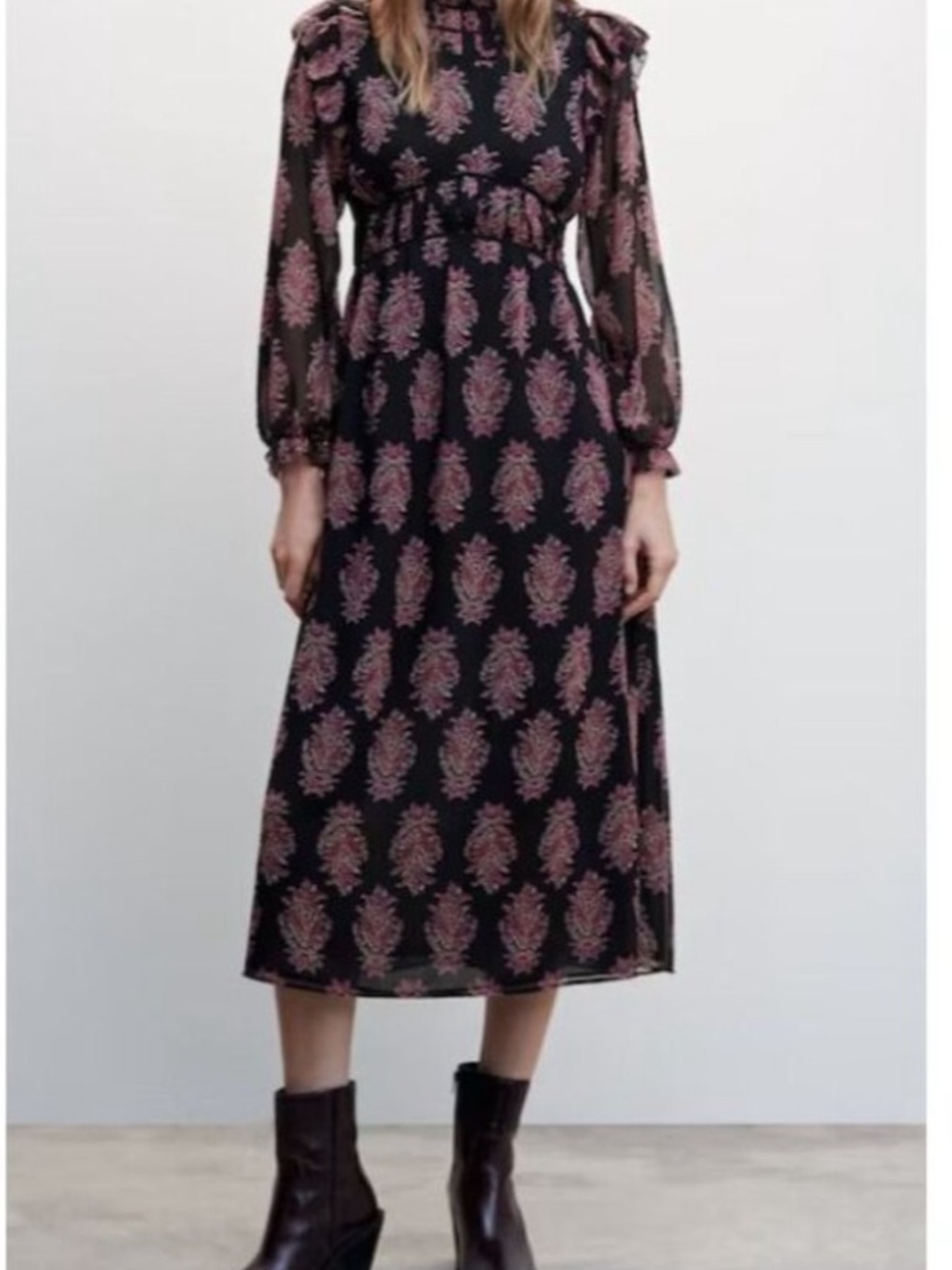 Floral Print Long Sleeve Midi Dress - Black/Pink